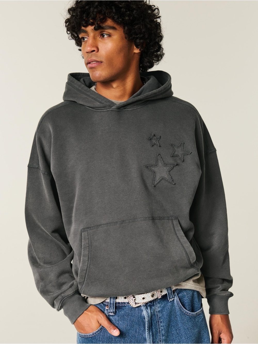 Hollister Gray Baggy Cinch Hoodie Star Appliqués Sz M